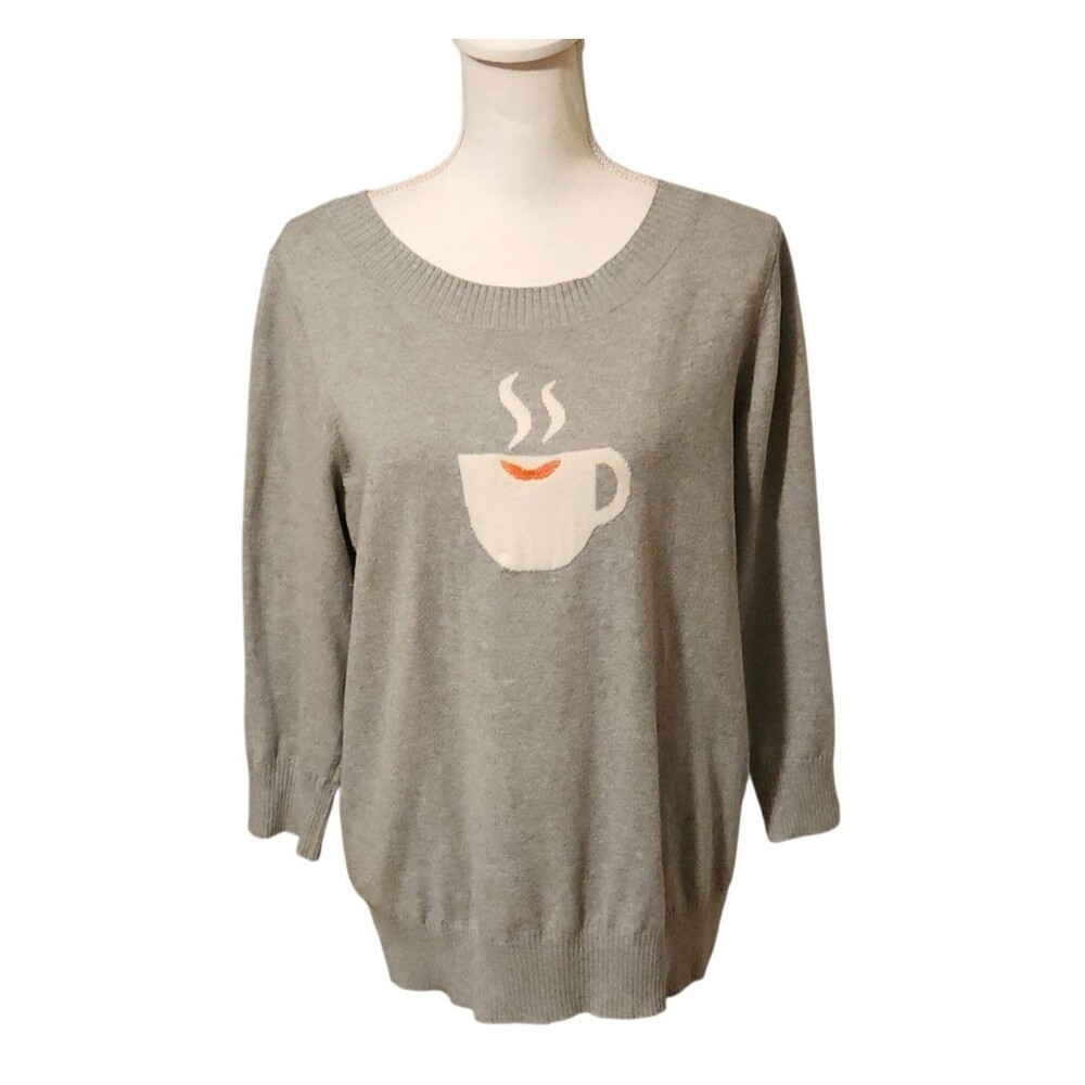 Loft Outlet Sweater 1/4 Sleeve Cotton Gray w/ Kissed Cup of Coffee Womens Size L